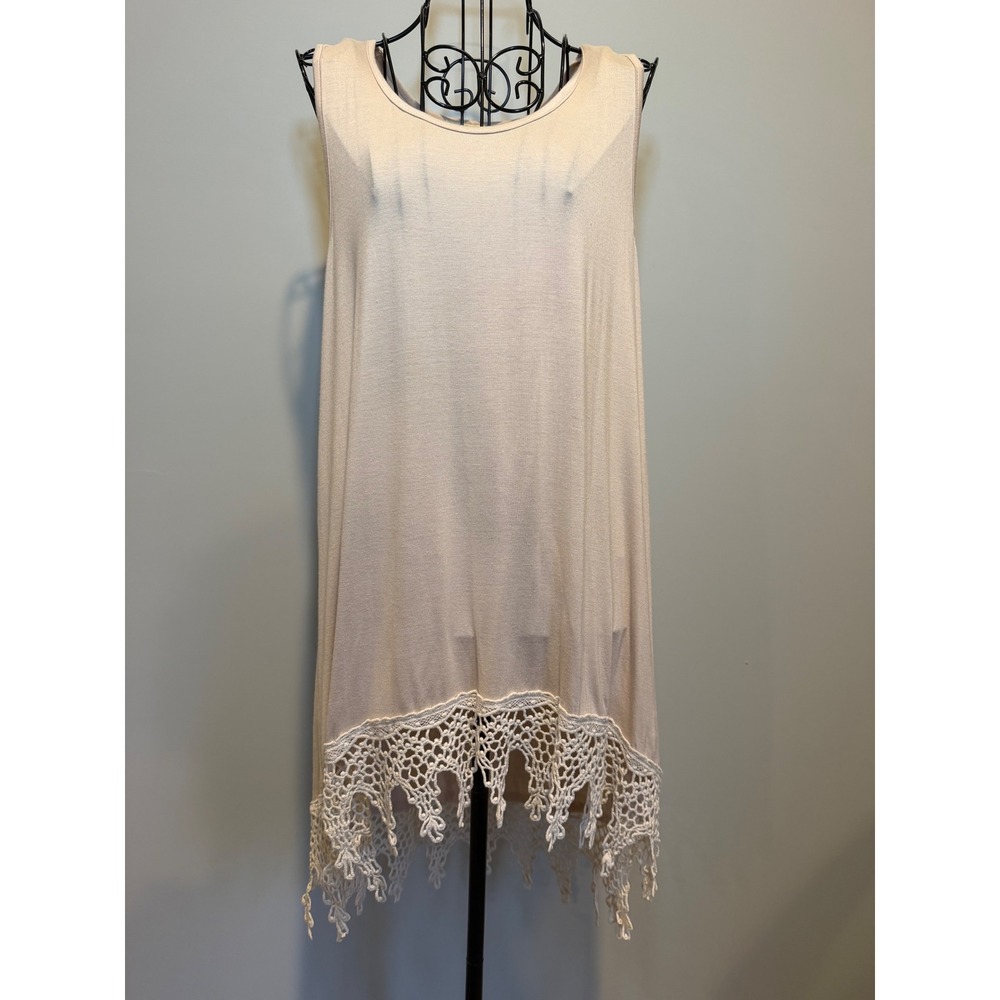 Kori America Beige Crochet Lace Trim High Low Sleeveless Tunic Top Small M5512